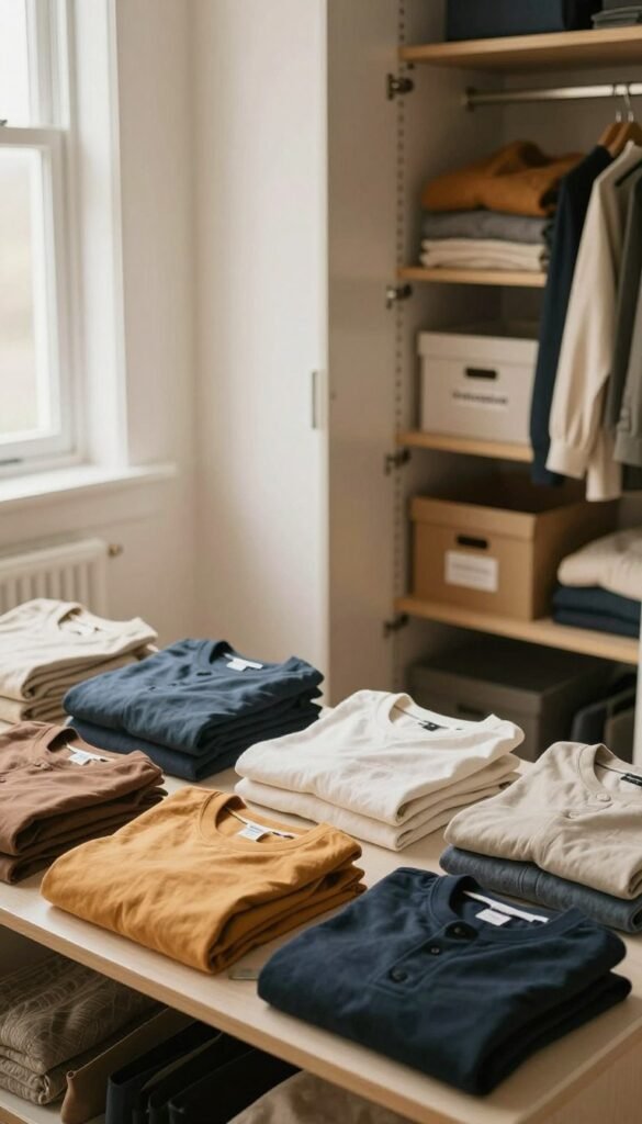 A cozy, organized wardrobe scene highlighting the concept of decluttering and maximizing space. In the foreground, a beautifully arranged shelf with neatly folded clothes in warm, inviting colors, showcasing a minimalist aesthetic. A few clothing items are artistically laid out to represent the 'less is more' philosophy. The middle ground features a partially open wardrobe door, revealing more organized sections with storage boxes labeled "Ordnungskiste." In the background, soft, natural light filters through a window, creating a warm and welcoming atmosphere. The overall composition exudes a sense of tranquility and efficiency, making it clear that a simplified space brings clarity and peace. The image should have a Pinterest-inspired look, authentic and without any text or overlays. A cozy, organized wardrobe scene highlighting the concept of decluttering and maximizing space. In the foreground, a beautifully arranged shelf with neatly folded clothes in warm, inviting colors, showcasing a minimalist aesthetic. A few clothing items are artistically laid out to represent the 'less is more' philosophy. The middle ground features a partially open wardrobe door, revealing more organized sections with storage boxes labeled "Ordnungskiste." In the background, soft, natural light filters through a window, creating a warm and welcoming atmosphere. The overall composition exudes a sense of tranquility and efficiency, making it clear that a simplified space brings clarity and peace. The image should have a Pinterest-inspired look, authentic and without any text or overlays.