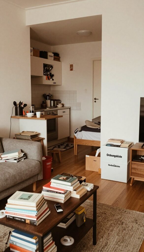 A cozy, small apartment interior showcasing typical space problems faced by renters. In the foreground, a cluttered living room with a disorganized coffee table, stacks of books, and scattered personal items, all bathed in warm, natural lighting. In the middle, a compact kitchen with cabinets overflowing with utensils and a tiny dining space pushed against a wall. The background features a narrow hallway leading to an even smaller bedroom, where furniture is carefully arranged to maximize space. Include a stylish "Ordnungskiste" storage solution neatly placed in the corner, contributing to the organization of the room. The atmosphere conveys a sense of creativity in small living spaces, blending warmth and practicality with a Pinterest-inspired aesthetic. Ensure the scene captures a genuine everyday living experience without any text or distractions. A cozy, small apartment interior showcasing typical space problems faced by renters. In the foreground, a cluttered living room with a disorganized coffee table, stacks of books, and scattered personal items, all bathed in warm, natural lighting. In the middle, a compact kitchen with cabinets overflowing with utensils and a tiny dining space pushed against a wall. The background features a narrow hallway leading to an even smaller bedroom, where furniture is carefully arranged to maximize space. Include a stylish "Ordnungskiste" storage solution neatly placed in the corner, contributing to the organization of the room. The atmosphere conveys a sense of creativity in small living spaces, blending warmth and practicality with a Pinterest-inspired aesthetic. Ensure the scene captures a genuine everyday living experience without any text or distractions.