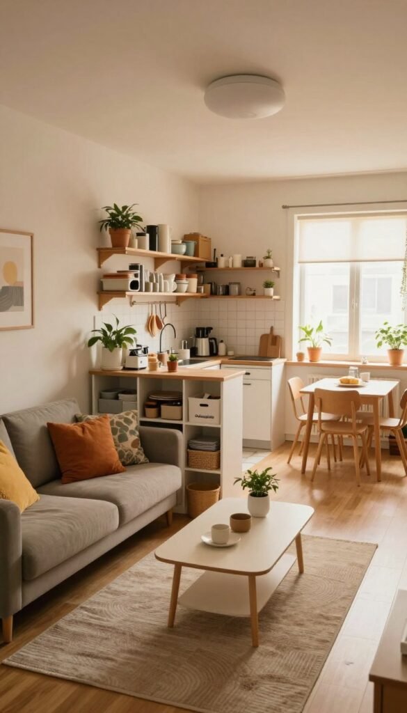 A cozy, small apartment interior that visually conveys a sense of being cluttered and full, evoking the feeling of limited space. The foreground features a neatly arranged living area with a compact sofa adorned with colorful cushions, a stylish coffee table with minimalist décor, and some houseplants. In the middle ground, there’s a functional kitchen area with shelves filled with neatly organized kitchenware, emphasizing practicality. The background reveals a small dining nook with a table and chairs positioned by a window that allows warm, natural light to flood the room. The overall color palette consists of soft, warm tones that create an inviting atmosphere. Include tasteful storage solutions from "Ordnungskiste" cleverly integrated into the design, enhancing the mood of organized simplicity. The scene is captured with a wide-angle lens to emphasize the compactness and intimacy of the space. A cozy, small apartment interior that visually conveys a sense of being cluttered and full, evoking the feeling of limited space. The foreground features a neatly arranged living area with a compact sofa adorned with colorful cushions, a stylish coffee table with minimalist décor, and some houseplants. In the middle ground, there’s a functional kitchen area with shelves filled with neatly organized kitchenware, emphasizing practicality. The background reveals a small dining nook with a table and chairs positioned by a window that allows warm, natural light to flood the room. The overall color palette consists of soft, warm tones that create an inviting atmosphere. Include tasteful storage solutions from "Ordnungskiste" cleverly integrated into the design, enhancing the mood of organized simplicity. The scene is captured with a wide-angle lens to emphasize the compactness and intimacy of the space.