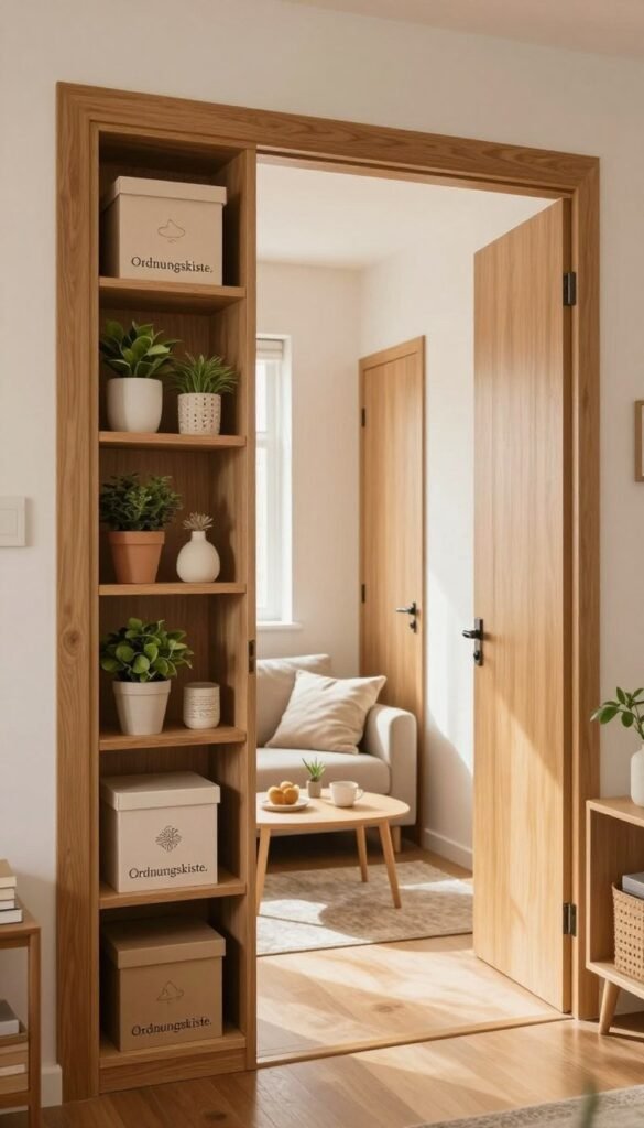 A cozy, small apartment living space creatively utilizing door surfaces as storage. In the foreground, a stylish wooden door with neatly arranged shelves showcasing various decorative boxes and plants, branded with "Ordnungskiste." In the middle ground, a well-organized room with a compact sofa and coffee table, warm natural light streaming through a window, illuminating soft textures and colors, creating an inviting atmosphere. The background features additional doors, each discretely utilized for storage, enhancing the sense of order. The scene is captured with a warm color palette, evoking a Pinterest-inspired aesthetic, emphasizing functionality and charm without any text or clutter.