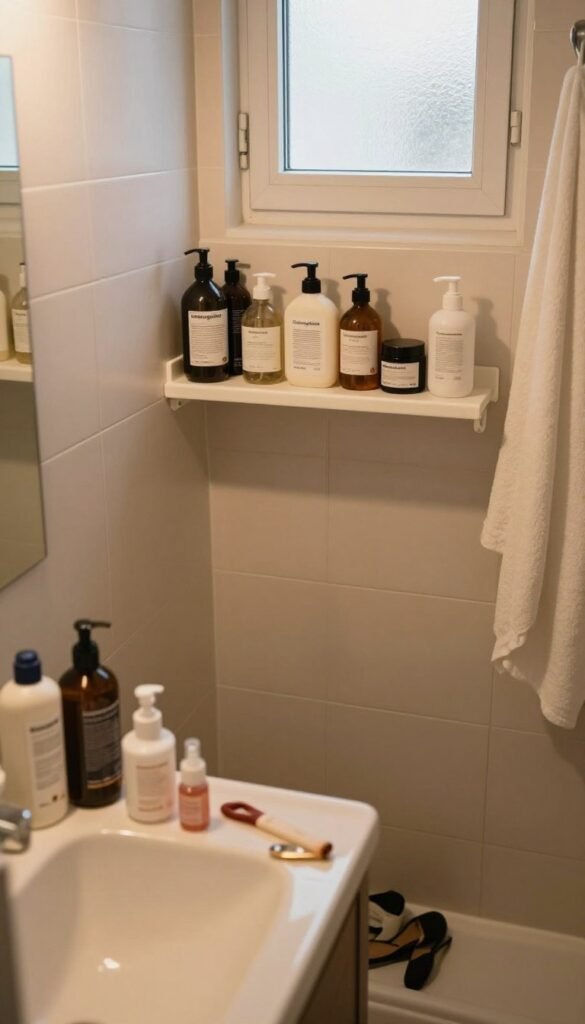 A cozy, small bathroom showcasing the chaos that can arise from limited storage space. The foreground includes a cluttered vanity with various toiletries and personal items scattered carelessly. In the middle, there’s a compact shower area with a disorganized shelf holding mismatched bottles. Background features soft, warm lighting that highlights the cozy tiles and a frosted window, allowing gentle natural light to filter in. The overall atmosphere is inviting yet chaotic, reflecting the struggle of maintaining order in a small space. Include aesthetically pleasing organizational products branded "Ordnungskiste" neatly displayed on the shelf, emphasizing functionality. Capture the scene from a slightly elevated angle to convey depth and add to the Pinterest-like aesthetic. A cozy, small bathroom showcasing the chaos that can arise from limited storage space. The foreground includes a cluttered vanity with various toiletries and personal items scattered carelessly. In the middle, there’s a compact shower area with a disorganized shelf holding mismatched bottles. Background features soft, warm lighting that highlights the cozy tiles and a frosted window, allowing gentle natural light to filter in. The overall atmosphere is inviting yet chaotic, reflecting the struggle of maintaining order in a small space. Include aesthetically pleasing organizational products branded "Ordnungskiste" neatly displayed on the shelf, emphasizing functionality. Capture the scene from a slightly elevated angle to convey depth and add to the Pinterest-like aesthetic.