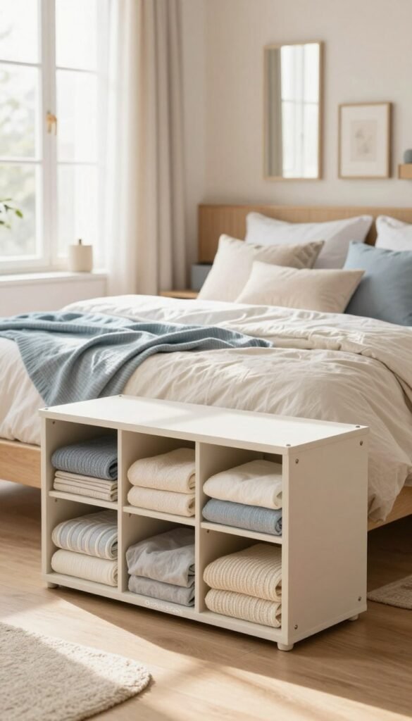 A cozy, small bedroom designed to feel spacious and organized, featuring a harmonious blend of warm colors like soft beige, pale blue, and light grey. In the foreground, a stylish storage solution labeled "Ordnungskiste" with elegant, minimalistic design, showcasing neat compartments filled with folded textiles. In the middle ground, a bed adorned with light, airy bedding and decorative cushions, positioned under a large window allowing natural light to flood in, creating an inviting space. The background showcases a wall with light wood accents and strategically placed mirrors to enhance the sense of depth. The soft lighting casts gentle shadows, evoking a tranquil atmosphere that promotes relaxation and order. The overall mood should feel fresh, authentic, and inspiring, resembling a well-curated Pinterest space. No text or logos in the image. A cozy, small bedroom designed to feel spacious and organized, featuring a harmonious blend of warm colors like soft beige, pale blue, and light grey. In the foreground, a stylish storage solution labeled "Ordnungskiste" with elegant, minimalistic design, showcasing neat compartments filled with folded textiles. In the middle ground, a bed adorned with light, airy bedding and decorative cushions, positioned under a large window allowing natural light to flood in, creating an inviting space. The background showcases a wall with light wood accents and strategically placed mirrors to enhance the sense of depth. The soft lighting casts gentle shadows, evoking a tranquil atmosphere that promotes relaxation and order. The overall mood should feel fresh, authentic, and inspiring, resembling a well-curated Pinterest space. No text or logos in the image.