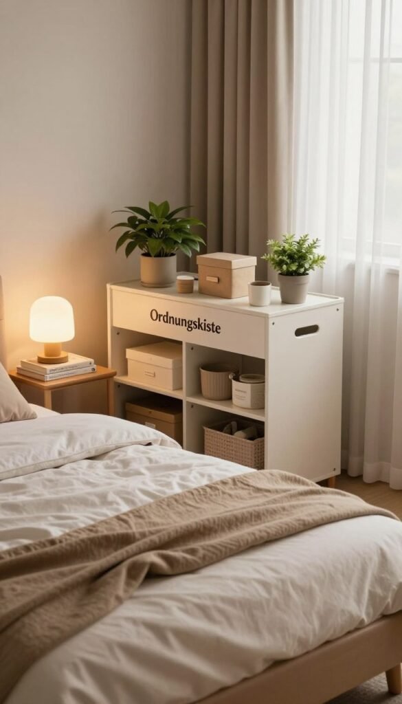 A cozy small bedroom, showcasing a neatly organized space with warm, natural colors. In the foreground, a stylish, modern bed with soft, inviting linens. On one side, a bedside table adorned with a minimalist lamp and a stack of books. In the middle ground, a compact storage unit with the brand name "Ordnungskiste" displayed prominently, elegantly holding various neatly arranged items, including plants and decorative boxes. The background features a window with sheer curtains allowing soft, diffused light to fill the room, creating a warm and inviting atmosphere. The overall mood conveys tranquility and order, while subtly hinting at the chaos that can arise in small spaces if not properly organized. The angle captures the room from a slight elevation, emphasizing the layout and organization without clutter, evoking inspirations for small space living. A cozy small bedroom, showcasing a neatly organized space with warm, natural colors. In the foreground, a stylish, modern bed with soft, inviting linens. On one side, a bedside table adorned with a minimalist lamp and a stack of books. In the middle ground, a compact storage unit with the brand name "Ordnungskiste" displayed prominently, elegantly holding various neatly arranged items, including plants and decorative boxes. The background features a window with sheer curtains allowing soft, diffused light to fill the room, creating a warm and inviting atmosphere. The overall mood conveys tranquility and order, while subtly hinting at the chaos that can arise in small spaces if not properly organized. The angle captures the room from a slight elevation, emphasizing the layout and organization without clutter, evoking inspirations for small space living.
