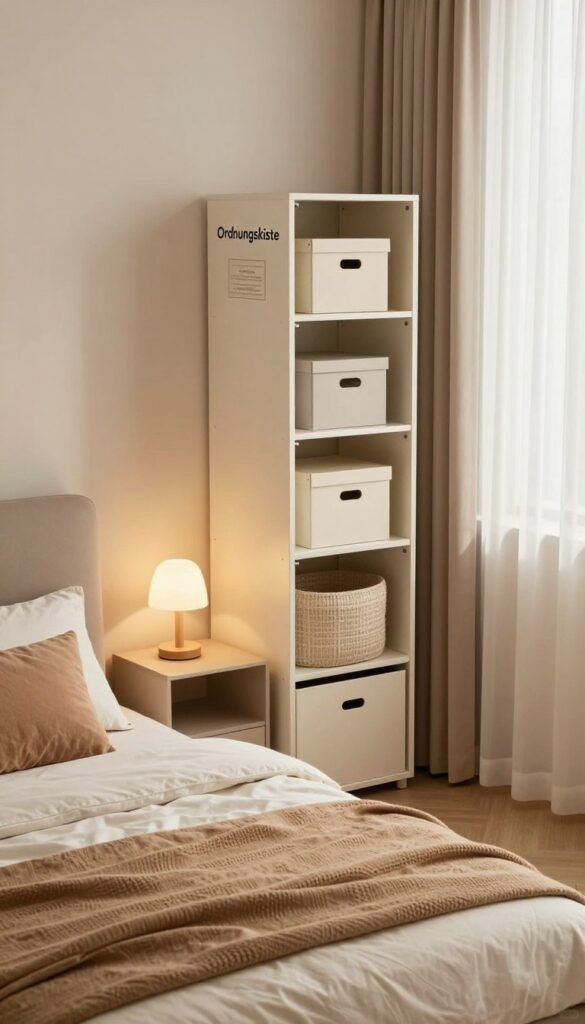 A cozy, small bedroom with a minimalist aesthetic, showcasing clever space-saving solutions. In the foreground, include a neatly made bed with a contemporary design, adorned with soft, warm-colored bedding and decorative cushions. To one side, place a stylish nightstand with a small lamp casting a gentle glow. In the middle, feature a functional storage unit labeled "Ordnungskiste," efficiently utilizing vertical space and organized with well-placed decorative boxes. The background reveals light, airy curtains allowing natural light to filter in, enhancing the warm ambiance. The room should be viewed from a slightly elevated angle, capturing the inviting atmosphere and showcasing how small spaces can appear tidy and serene. The overall mood is calm and organized, emphasizing the beauty of efficient design without clutter.