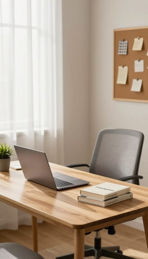 A cozy small home office, organized and tidy, featuring a minimalist desk with a natural wooden finish. In the foreground, there's a stylish laptop, a small potted plant, and neatly stacked books beside a decorative “Ordnungskiste” that adds to the aesthetic. The middle ground showcases a comfortable ergonomic chair in soft grey fabric, while a corkboard with pinned notes adds personality. The background displays a light, airy window with sheer white curtains, allowing warm natural light to flood the room, casting gentle shadows. The scene is framed from a slight angle to create depth, conveying a calm and productive atmosphere that embodies organization and simplicity, perfect for enhancing workspace efficiency. A cozy small home office, organized and tidy, featuring a minimalist desk with a natural wooden finish. In the foreground, there's a stylish laptop, a small potted plant, and neatly stacked books beside a decorative “Ordnungskiste” that adds to the aesthetic. The middle ground showcases a comfortable ergonomic chair in soft grey fabric, while a corkboard with pinned notes adds personality. The background displays a light, airy window with sheer white curtains, allowing warm natural light to flood the room, casting gentle shadows. The scene is framed from a slight angle to create depth, conveying a calm and productive atmosphere that embodies organization and simplicity, perfect for enhancing workspace efficiency.