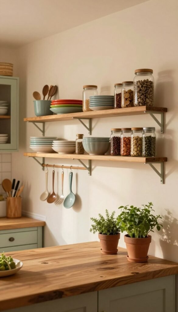 A cozy small kitchen featuring innovative wall shelves that maximize storage space, adorned with neatly organized kitchenware and spices. In the foreground, focus on a rustic wooden countertop with a few potted herbs. The middle section shows elegant, custom-designed wall shelves filled with colorful dishes, jars, and cooking utensils, utilizing every inch efficiently. The background highlights a retro-style kitchen design with warm lighting that casts a welcoming glow, enhancing the inviting atmosphere. Use a warm color palette to evoke a Pinterest-worthy aesthetic. The lens captures a slightly angled view, showcasing both shelves and countertop while emphasizing the charm of an organized small kitchen without any text or distractions.