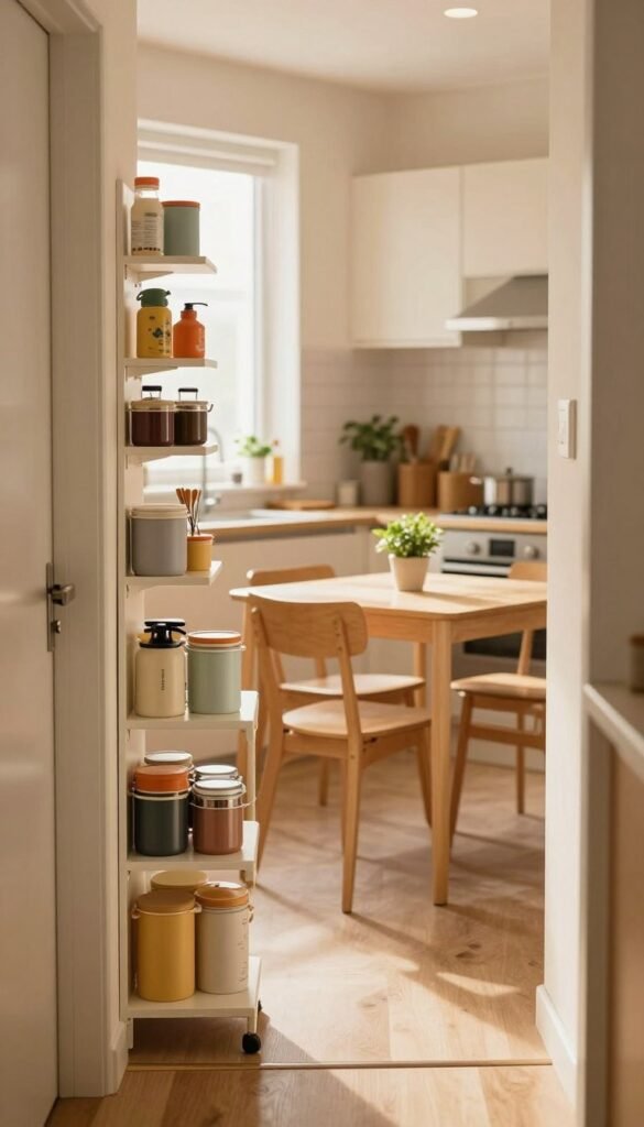 A cozy, small kitchen hallway, showcasing typical space-saving challenges in a compact apartment. The foreground features a narrow, stylish shelving unit from the brand "Ordnungskiste," filled with neatly organized containers and kitchen essentials in warm, inviting colors. In the middle, a compact dining table with two chairs maximizes the limited space, adorned with a small potted plant. The background displays a glimpse of the kitchen with minimalistic cabinetry and clever storage solutions, bathed in soft, natural light coming through a nearby window, creating a warm atmosphere. The composition captures the essence of practicality and aesthetic charm, embodying the beauty of efficient living in small spaces.