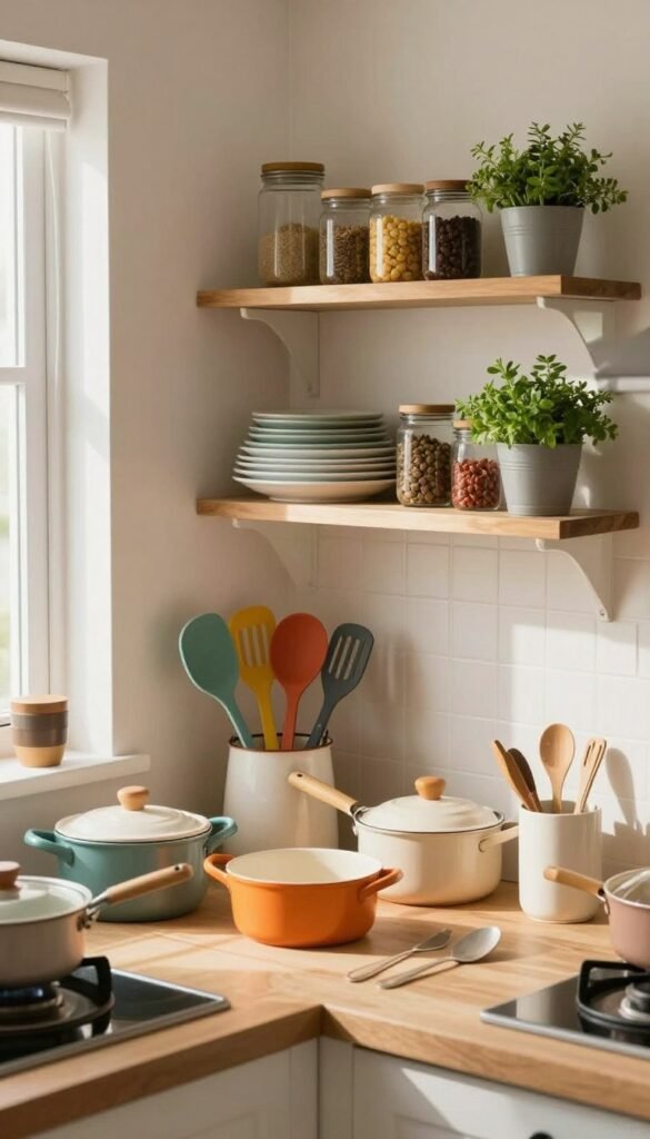 A cozy, small kitchen meticulously organized, showcasing a practical inventory checklist of essential items for a compact space. In the foreground, a neatly arranged countertop displays a selection of pots, pans, and colorful kitchen utensils in a warm, inviting color palette. The middle ground features shelves filled with neatly stacked dishes, jars of spices, and fresh herbs in small pots, emphasizing a functional yet stylish design. The background shows a well-lit kitchen with soft, natural lighting streaming through a window, creating a comfortable atmosphere. The scene captures a Pinterest-inspired aesthetic, reflecting an authentic and organized kitchen space without any text or branding, just a sense of warmth and practicality.