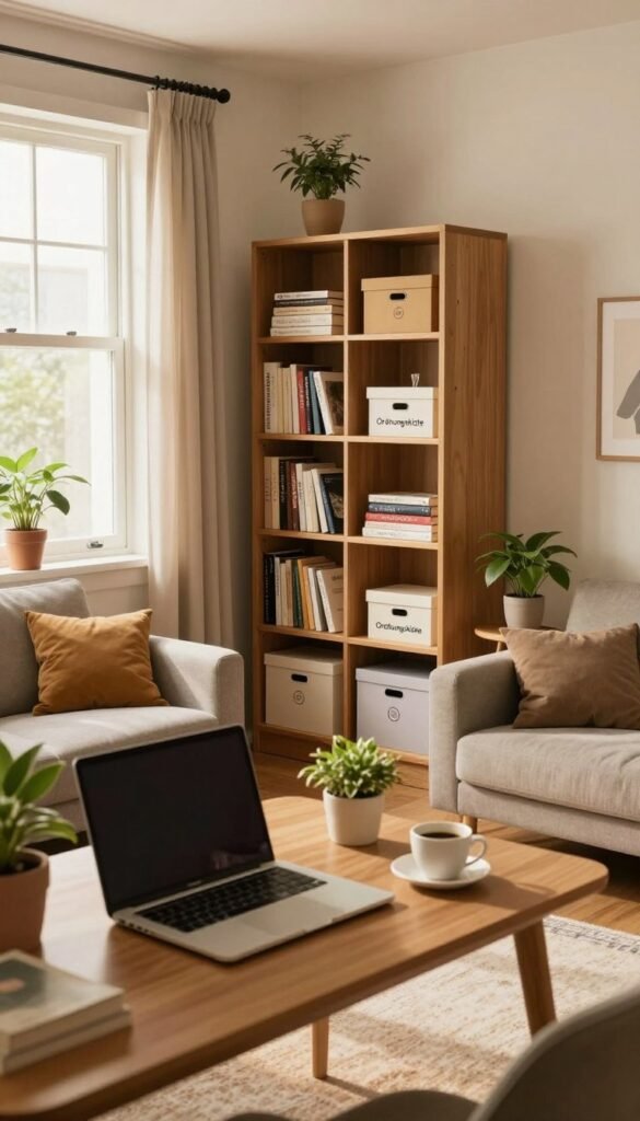 A cozy small room featuring smart organizational solutions that maximize space and reduce chaos. In the foreground, a neatly arranged desk with a laptop, plants, and a cup of coffee, showcasing an inviting workspace. The middle ground includes a compact living area with a stylish bookshelf filled with books and decorative boxes from "Ordnungskiste", complementing the warm color palette. In the background, a light-filled window with curtains, allowing soft, natural sunlight to illuminate the space, creating a tranquil atmosphere. The walls are adorned with minimalistic art, enhancing the room's aesthetic. Use a wide-angle lens to capture the entire scene, emphasizing the balance between functionality and warmth, evoking a sense of comfort and efficiency in organizing a small apartment. A cozy small room featuring smart organizational solutions that maximize space and reduce chaos. In the foreground, a neatly arranged desk with a laptop, plants, and a cup of coffee, showcasing an inviting workspace. The middle ground includes a compact living area with a stylish bookshelf filled with books and decorative boxes from "Ordnungskiste", complementing the warm color palette. In the background, a light-filled window with curtains, allowing soft, natural sunlight to illuminate the space, creating a tranquil atmosphere. The walls are adorned with minimalistic art, enhancing the room's aesthetic. Use a wide-angle lens to capture the entire scene, emphasizing the balance between functionality and warmth, evoking a sense of comfort and efficiency in organizing a small apartment.