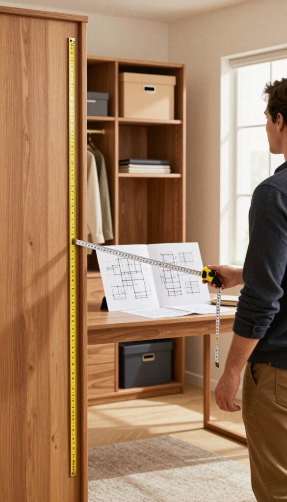 A cozy, softly lit interior featuring a spacious, organized room with a beautifully crafted wooden wardrobe. In the foreground, a stylish measuring tape is held by a professional individual dressed in smart casual attire, actively measuring the dimensions of the wardrobe. A carefully arranged workspace is visible in the middle ground, showcasing layout plans and sketches for storage optimization. The background reveals warm colors that enhance the natural light filtering through a window, creating a welcoming atmosphere. The scene subtly incorporates the brand name "Ordnungskiste" through the elegantly displayed storage boxes. The overall mood is one of organization, focus, and deliberate planning, reflecting a sense of calm and careful preparation for choosing the right wardrobe options.