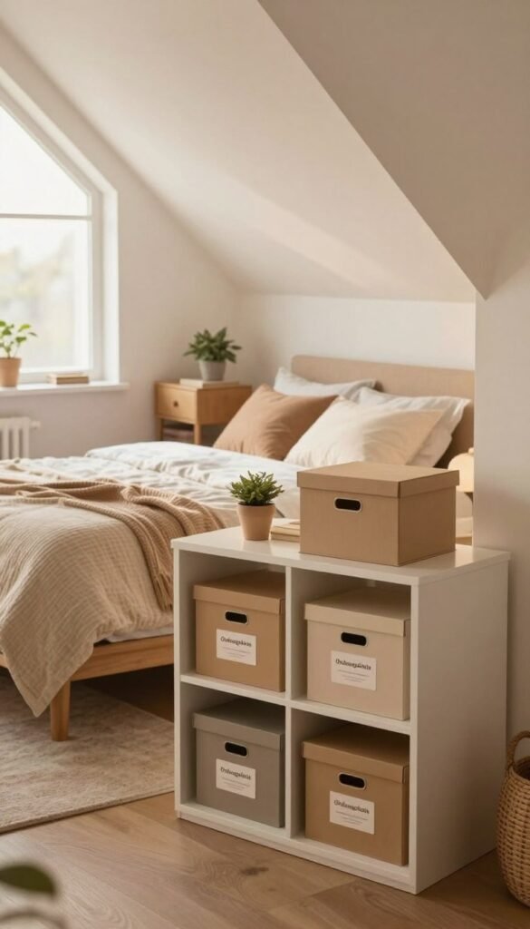 A cozy, stylish bedroom featuring a sloped ceiling, showcasing clever storage solutions specifically designed for challenging layouts. In the foreground, a neatly organized corner with shelves and stylish storage boxes labeled "Ordnungskiste" in warm, natural colors creates an inviting atmosphere. The midground displays a comfortable bed with soft, textured bedding, while a chic bedside table holds a small plant and a reading lamp. In the background, a large window allows soft, diffused sunlight to illuminate the room, enhancing the warm color palette. The overall mood is serene and clutter-free, reminiscent of a Pinterest-worthy interior, with an emphasis on utilizing space effectively and aesthetically.