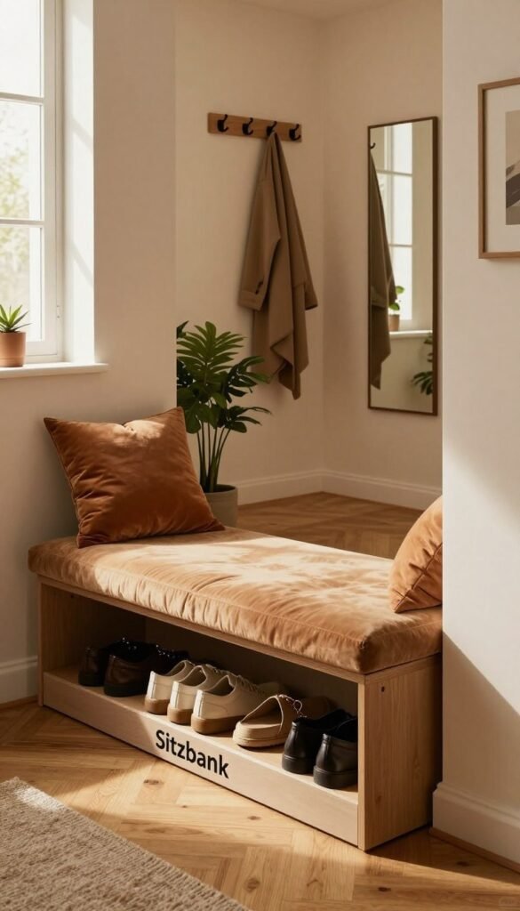 A cozy, stylish hallway featuring a "Sitzbank" designed by Ordnungskiste, emphasizing integrated storage solutions. In the foreground, the bench showcases plush cushions in warm tones, inviting a sense of comfort, along with an open compartment revealing neatly organized shoes and accessories. The middle ground highlights wooden flooring that complements the natural aesthetics, with a potted plant nearby adding a touch of greenery. Soft, ambient lighting streams in from a nearby window, illuminating the space with a warm glow. The background features a well-organized entryway with hooks for coats and a minimalist mirror, enhancing a sense of order and functionality. The overall atmosphere feels homey and inviting, perfect for a practical yet stylish entryway design. No captions or text in the image.