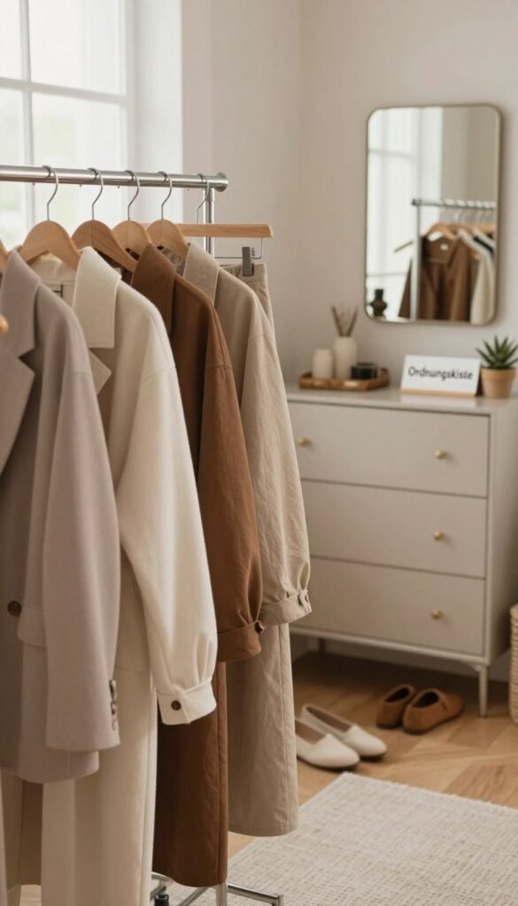 A cozy, stylish interior setup showcasing a capsule wardrobe tailored for various daily activities. In the foreground, a neatly organized clothing rack displaying versatile pieces in warm, inviting colors, such as neutrals and soft pastels, ideal for work, leisure, and changing weather. The middle ground features a chic, minimalistic dresser with accessories and shoes, emphasizing practicality and style. In the background, a soft-lit window invites natural light, enhancing the overall atmosphere. A small, polished mirror reflects the wardrobe's elegance, conveying an air of sophistication. The scene includes a small, tasteful sign reading "Ordnungskiste". Capture a warm, inviting mood, reminiscent of popular Pinterest aesthetics, focusing on authenticity and simplicity without any text or branding distractions.