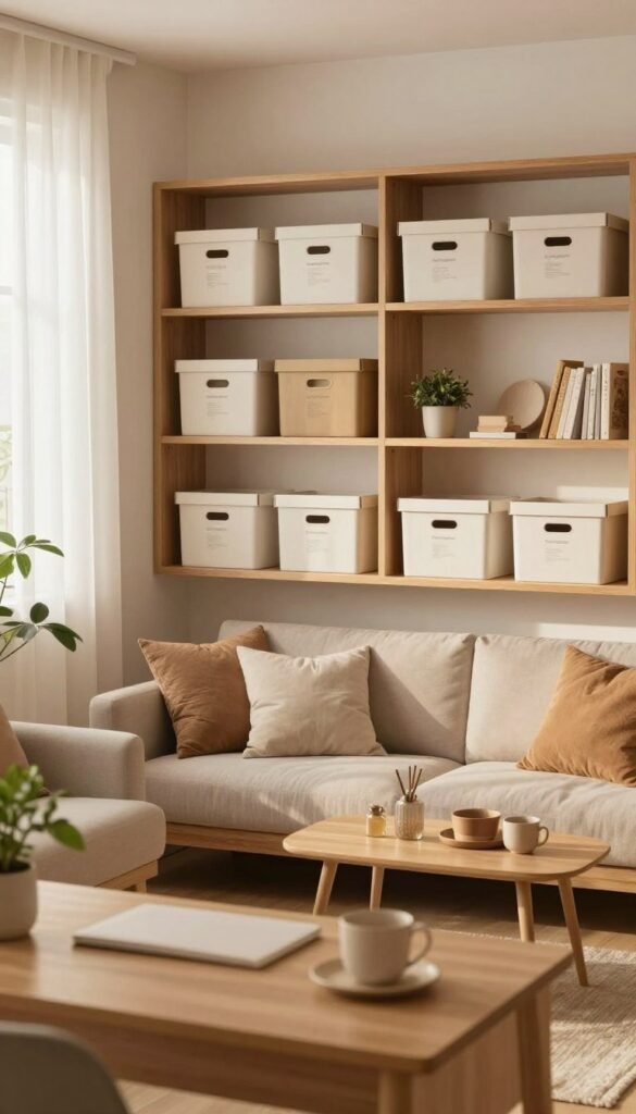 A cozy, stylish interior showcasing an optimized storage space, featuring a variety of "Ordnungskiste" boxes neatly arranged on wooden shelves. In the foreground, a beautifully organized desk with minimal clutter, adorned with plants. The middle layer includes an inviting sofa with soft, textured cushions, and a small coffee table displaying a few well-placed decorative items, all in warm, natural colors. In the background, light streams through a window draped with sheer curtains, highlighting the serene atmosphere. The image captures a harmonious balance between functionality and aesthetics, emphasizing the idea of maintaining order in everyday life. Ideal for a Pinterest-inspired design. The scene is bathed in soft, warm lighting, with a focus on inviting angles that create a sense of calm and comfort.