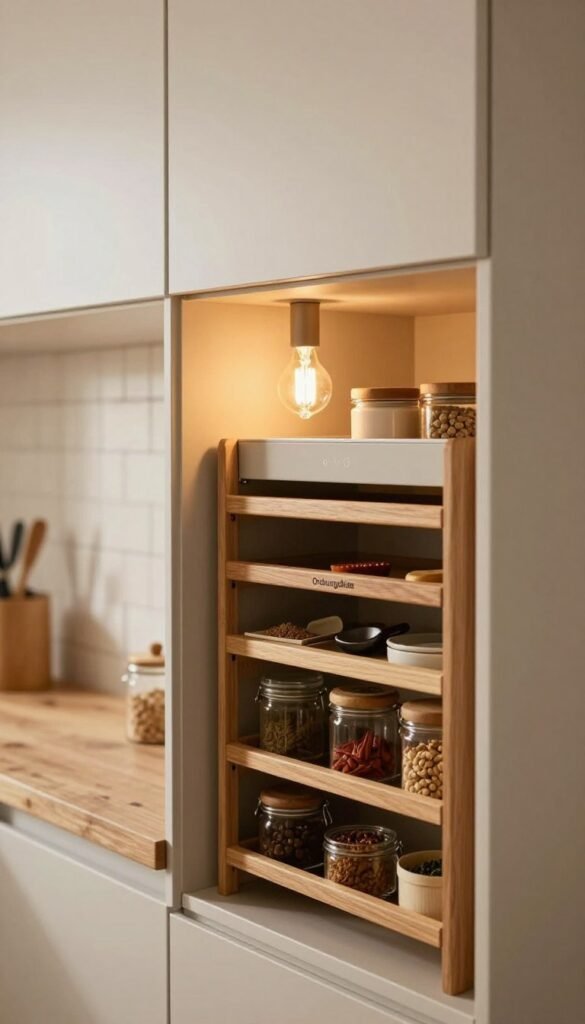 A cozy, stylish kitchen featuring high cabinets with clever storage solutions. The focus is on the interior side of a cabinet door, showcasing slim, organized storage with multiple compartments and the brand "Ordnungskiste" subtly present on a sleek, modern organizer. The foreground highlights crafted wooden shelves filled with spices and small kitchen tools, while the mid-ground displays a softly lit bulb illuminating the space, creating a warm atmosphere. In the background, blurred kitchen elements like a rustic countertop and a window with light filtering in enhance the inviting feel. The overall mood is functional yet aesthetically pleasing, with warm colors and a Pinterest-worthy finish.