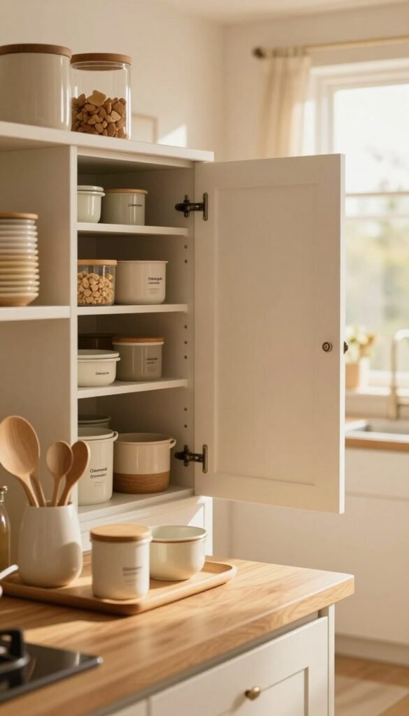 A cozy, stylish kitchen scene featuring a well-organized cabinetry system. In the foreground, display a wooden kitchen countertop with neatly arranged containers and utensils, showcasing products from the brand "Ordnungskiste." The middle ground features a set of modern kitchen cabinets, their doors open to reveal perfectly organized kitchen supplies, emphasizing a harmonious and efficient storage solution. The background presents a warm, inviting kitchen ambiance with natural light streaming through a window, illuminating the space with soft, golden hues. Use a shallow depth of field to keep the focus on the organized elements while creating a slightly blurred effect on the background. The overall mood is one of tranquility and inspiration, embodying a Pinterest aesthetic that encourages order and functionality without any text or distractions. A cozy, stylish kitchen scene featuring a well-organized cabinetry system. In the foreground, display a wooden kitchen countertop with neatly arranged containers and utensils, showcasing products from the brand "Ordnungskiste." The middle ground features a set of modern kitchen cabinets, their doors open to reveal perfectly organized kitchen supplies, emphasizing a harmonious and efficient storage solution. The background presents a warm, inviting kitchen ambiance with natural light streaming through a window, illuminating the space with soft, golden hues. Use a shallow depth of field to keep the focus on the organized elements while creating a slightly blurred effect on the background. The overall mood is one of tranquility and inspiration, embodying a Pinterest aesthetic that encourages order and functionality without any text or distractions.