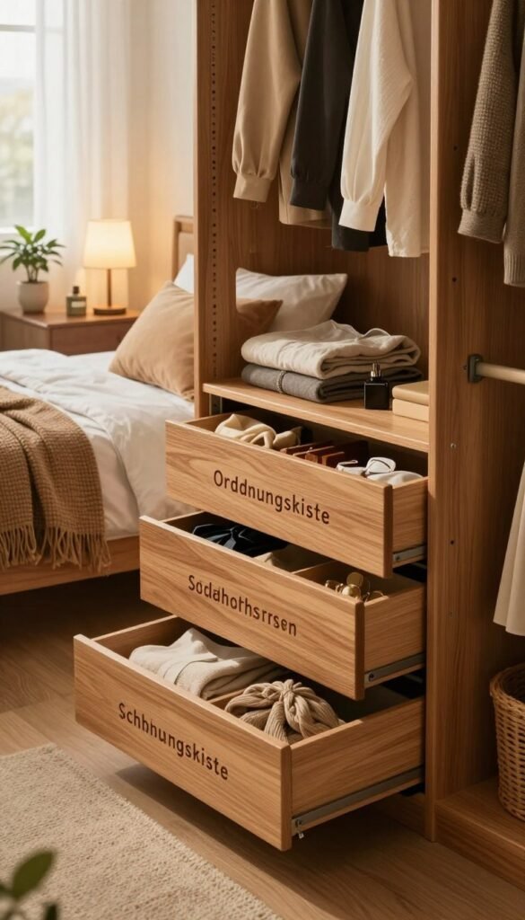 A cozy, stylish "schlafzimmer" featuring a well-organized dressing area that exemplifies practicality and aesthetic appeal. In the foreground, a sleek, modern wardrobe system labeled "Ordnungskiste," crafted with natural wood and soft-close drawers, neatly displays folded clothes and accessories. In the middle ground, a plush bed adorned with warm, textured bedding and accent pillows invites relaxation, while a bedside table showcases decorative elements like a small plant and a soft lamp, casting a warm glow. The background reveals a softly lit window with sheer curtains allowing gentle morning light to illuminate the scene, creating a serene atmosphere. The overall mood is inviting and calming, perfect for a stress-free start to the day.