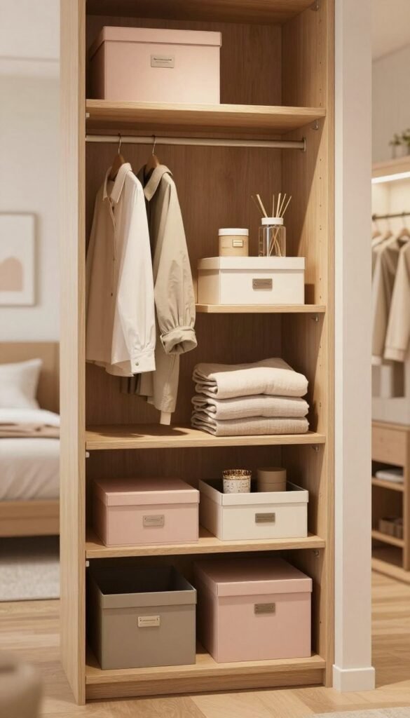 A cozy, stylish small wardrobe space featuring the brand "Ordnungskiste." In the foreground, sleek furniture combinations maximize storage, showcasing hidden compartments and clever shelving. Soft, warm lighting accentuates the wooden textures and pastel colors, creating a welcoming atmosphere. A neatly organized closet appears in the middle, displaying neatly folded clothes, accessories, and elegant storage boxes. In the background, a softly blurred view reveals an inviting room decor, adding depth without distraction. The overall composition highlights innovative storage solutions that blend functionality with aesthetic appeal, exuding a modern yet homely feel. The image captures a Pinterest-worthy scene, emphasizing space-saving ideas without any text or distractions. A cozy, stylish small wardrobe space featuring the brand "Ordnungskiste." In the foreground, sleek furniture combinations maximize storage, showcasing hidden compartments and clever shelving. Soft, warm lighting accentuates the wooden textures and pastel colors, creating a welcoming atmosphere. A neatly organized closet appears in the middle, displaying neatly folded clothes, accessories, and elegant storage boxes. In the background, a softly blurred view reveals an inviting room decor, adding depth without distraction. The overall composition highlights innovative storage solutions that blend functionality with aesthetic appeal, exuding a modern yet homely feel. The image captures a Pinterest-worthy scene, emphasizing space-saving ideas without any text or distractions.