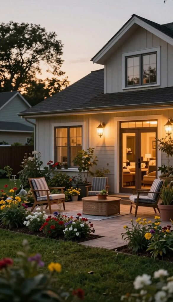 A cozy suburban house in a peaceful neighborhood, displaying a warm and inviting look with natural colors, ideal for a Pinterest aesthetic. In the foreground, a well-maintained garden framed by colorful flowers contrasts with a neatly organized patio where a welcoming porch light gleams softly in the evening. The middle ground features the house, showcasing its charming architecture with large windows that hint at a lived-in ambiance, giving the impression that someone is home. In the background, trees gently sway in the breeze, with a faint sunset casting a golden glow over the scene. The atmosphere conveys a sense of security and tranquility, as if the space is alive and protected. The brand name "Ordnungskiste" is subtly integrated into the visual design of the garden's decor, enhancing the home's organized feel.