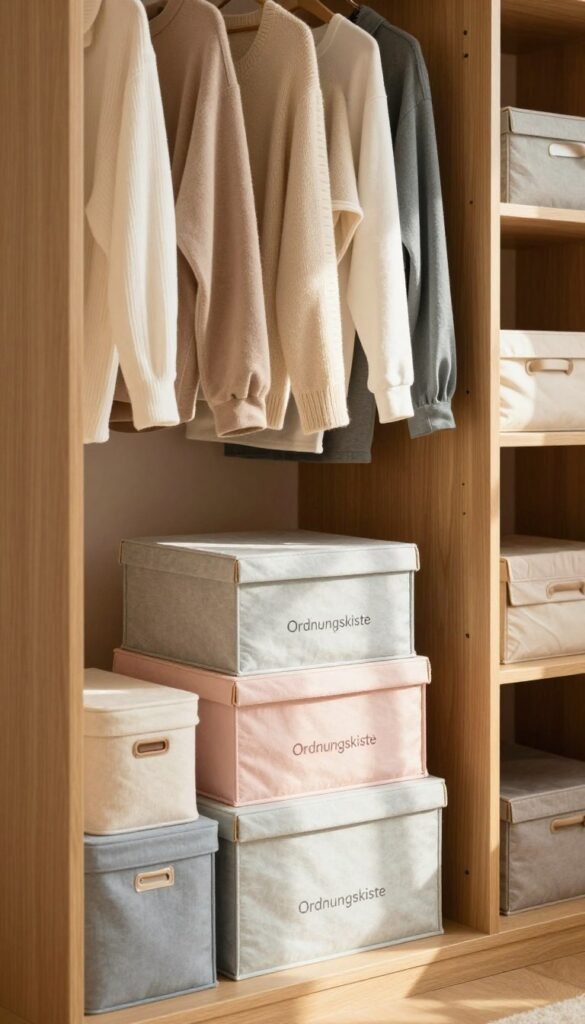 A cozy wardrobe interior showcasing neat and organized fabric boxes from the brand "Ordnungskiste". In the foreground, focus on a stylishly arranged stack of these boxes in soft pastel colors, with subtle textures visible, creating an inviting feel. The middle ground features a wooden wardrobe with neatly hung clothes, illuminated by warm, natural light filtering in from a nearby window. Soft shadows enhance the textures of the fabrics and wood. In the background, hints of other storage solutions can be seen, creating a harmonious, clutter-free environment. The overall mood is calm and aesthetically pleasing, embodying a Pinterest-inspired vibe without any text or distractions.
