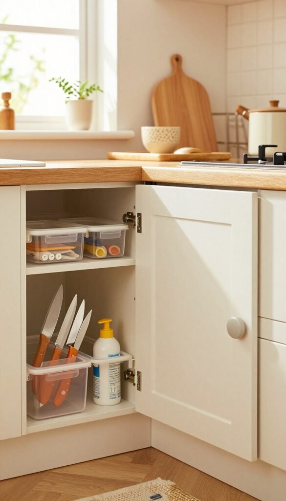 A cozy, warm-toned kitchen designed with child safety in mind, showcasing organized storage solutions from the brand "Ordnungskiste". In the foreground, there are clear, secure containers for knives, cleaning supplies, and small items, all placed within easy reach yet safely out of children's access. The middle ground features childproof cabinet doors with magnetic locks and soft close mechanisms. The background captures a sunny kitchen ambiance with natural light streaming through a window, highlighting a charming yet functional workspace. The atmosphere is inviting, evoking a sense of safety and organization, with tasteful decor that enhances the practical design. A cozy, warm-toned kitchen designed with child safety in mind, showcasing organized storage solutions from the brand "Ordnungskiste". In the foreground, there are clear, secure containers for knives, cleaning supplies, and small items, all placed within easy reach yet safely out of children's access. The middle ground features childproof cabinet doors with magnetic locks and soft close mechanisms. The background captures a sunny kitchen ambiance with natural light streaming through a window, highlighting a charming yet functional workspace. The atmosphere is inviting, evoking a sense of safety and organization, with tasteful decor that enhances the practical design.