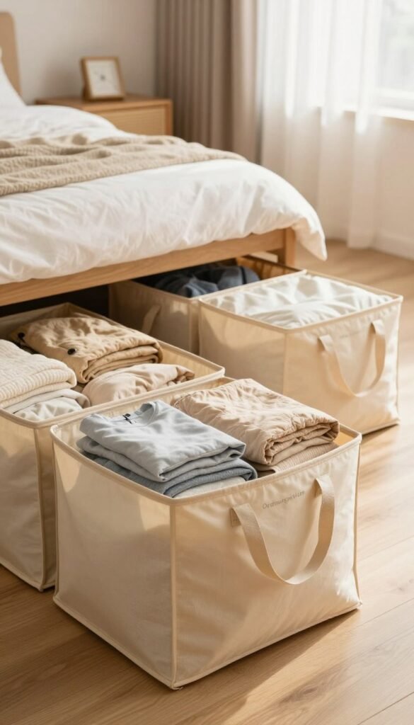 A cozy, warm-toned living space featuring an organized under-bed storage area with several "Ordnungskiste" storage bags made of soft, breathable fabric. In the foreground, a focused shot showcases a well-made, textured fabric bag, filled with neatly folded clothing and bedding, highlighting the practical use of under-bed storage. The middle ground reveals additional storage bags, some partially open to display their contents, against a softly lit wooden floor. In the background, a tastefully decorated bedroom with warm natural light filtering through sheer curtains, creating a calm and inviting atmosphere. The overall mood is relaxed and organized, ideal for maximizing storage space elegantly. A cozy, warm-toned living space featuring an organized under-bed storage area with several "Ordnungskiste" storage bags made of soft, breathable fabric. In the foreground, a focused shot showcases a well-made, textured fabric bag, filled with neatly folded clothing and bedding, highlighting the practical use of under-bed storage. The middle ground reveals additional storage bags, some partially open to display their contents, against a softly lit wooden floor. In the background, a tastefully decorated bedroom with warm natural light filtering through sheer curtains, creating a calm and inviting atmosphere. The overall mood is relaxed and organized, ideal for maximizing storage space elegantly.