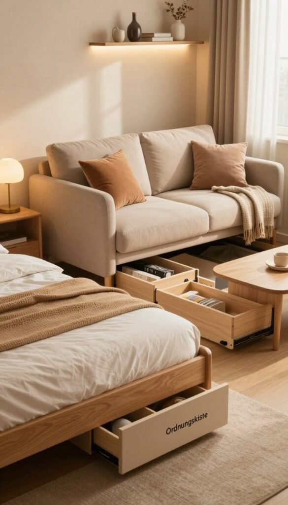 A cozy, well-decorated living space showcasing innovative storage solutions under a bed and a sofa. In the foreground, a stylish bed with a neatly organized drawer system labeled "Ordnungskiste" for easy access. In the middle, a modern sofa with hidden compartments filled with cushions and blankets, elegantly designed to blend with the warm color palette. The background features softly lit shelves displaying decorative items, creating an inviting atmosphere. Natural light streams through a window, casting gentle shadows, enhancing the warm tones of the furniture. The overall mood conveys a sense of practicality and comfort, ideal for small living spaces. A cozy, well-decorated living space showcasing innovative storage solutions under a bed and a sofa. In the foreground, a stylish bed with a neatly organized drawer system labeled "Ordnungskiste" for easy access. In the middle, a modern sofa with hidden compartments filled with cushions and blankets, elegantly designed to blend with the warm color palette. The background features softly lit shelves displaying decorative items, creating an inviting atmosphere. Natural light streams through a window, casting gentle shadows, enhancing the warm tones of the furniture. The overall mood conveys a sense of practicality and comfort, ideal for small living spaces.