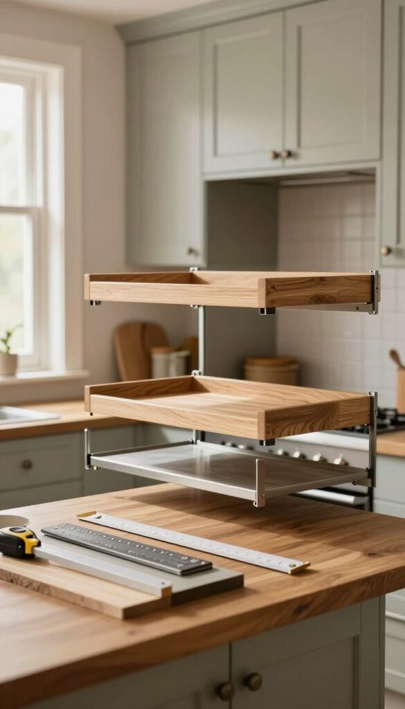 A cozy, well-lit kitchen setting featuring a range of pull-out shelves displayed in a beautifully arranged manner. In the foreground, a wooden countertop showcases various materials used for the shelves, such as oak and metal, with textures visible to highlight their quality. In the middle, the shelves are positioned to display their dimensions clearly, with measuring tape and a ruler alongside to emphasize precise measurements. The background reveals tastefully painted kitchen cabinets, enhancing the warm and inviting atmosphere. Soft, natural light pours in from a nearby window, creating a pleasing ambience. This image captures the essence of practicality and style, suitable for a modern kitchen.