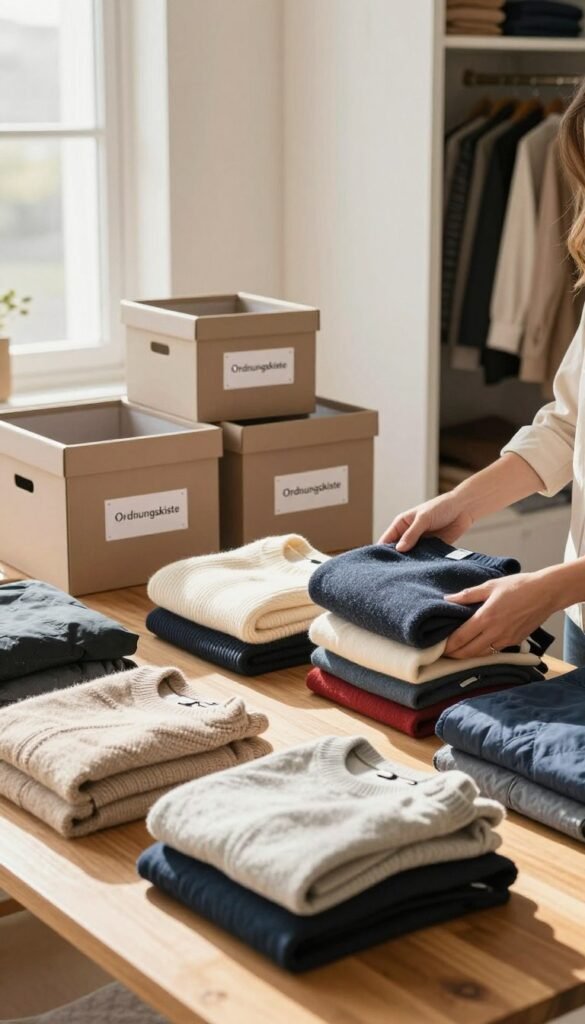 A cozy, well-lit room with natural sunlight streaming through a window. In the foreground, a wooden table is filled with neatly folded seasonal clothes, including sweaters, scarves, and jackets, all organized by color and type. A pair of hands, dressed in professional casual attire, is sorting through the clothing, examining a few items closely. In the middle ground, a series of stylish storage boxes labeled "Ordnungskiste" sit ready for packing, with some empty boxes nearby. In the background, a well-organized closet door reveals a glimpse of a tidy closet, emphasizing the theme of preparation and sorting. The atmosphere is warm and inviting, with earthy tones and a Pinterest-inspired aesthetic that conveys a sense of calm and order. Bright, soft lighting enhances the authentic feel, creating an image that inspires effective clothing storage practices. A cozy, well-lit room with natural sunlight streaming through a window. In the foreground, a wooden table is filled with neatly folded seasonal clothes, including sweaters, scarves, and jackets, all organized by color and type. A pair of hands, dressed in professional casual attire, is sorting through the clothing, examining a few items closely. In the middle ground, a series of stylish storage boxes labeled "Ordnungskiste" sit ready for packing, with some empty boxes nearby. In the background, a well-organized closet door reveals a glimpse of a tidy closet, emphasizing the theme of preparation and sorting. The atmosphere is warm and inviting, with earthy tones and a Pinterest-inspired aesthetic that conveys a sense of calm and order. Bright, soft lighting enhances the authentic feel, creating an image that inspires effective clothing storage practices.