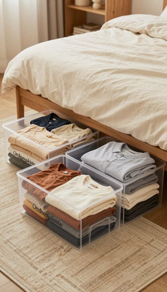 A cozy, well-organized bedroom featuring "Ordnungskiste" under-bed storage boxes in warm, natural colors. In the foreground, there are two elegant, transparent storage boxes filled with neatly folded clothing, showcasing a variety of garments. The middle ground displays the edge of the bed with soft bedding, and a stylish area rug adds warmth to the scene. In the background, a subtle shelving unit is visible, holding decorative items, creating an organized ambiance. The lighting is soft and diffused, evoking a tranquil mood. The camera angle is slightly above the ground, capturing a fresh Pinterest-like aesthetic of a clutter-free space without any text or distractions. A cozy, well-organized bedroom featuring "Ordnungskiste" under-bed storage boxes in warm, natural colors. In the foreground, there are two elegant, transparent storage boxes filled with neatly folded clothing, showcasing a variety of garments. The middle ground displays the edge of the bed with soft bedding, and a stylish area rug adds warmth to the scene. In the background, a subtle shelving unit is visible, holding decorative items, creating an organized ambiance. The lighting is soft and diffused, evoking a tranquil mood. The camera angle is slightly above the ground, capturing a fresh Pinterest-like aesthetic of a clutter-free space without any text or distractions.