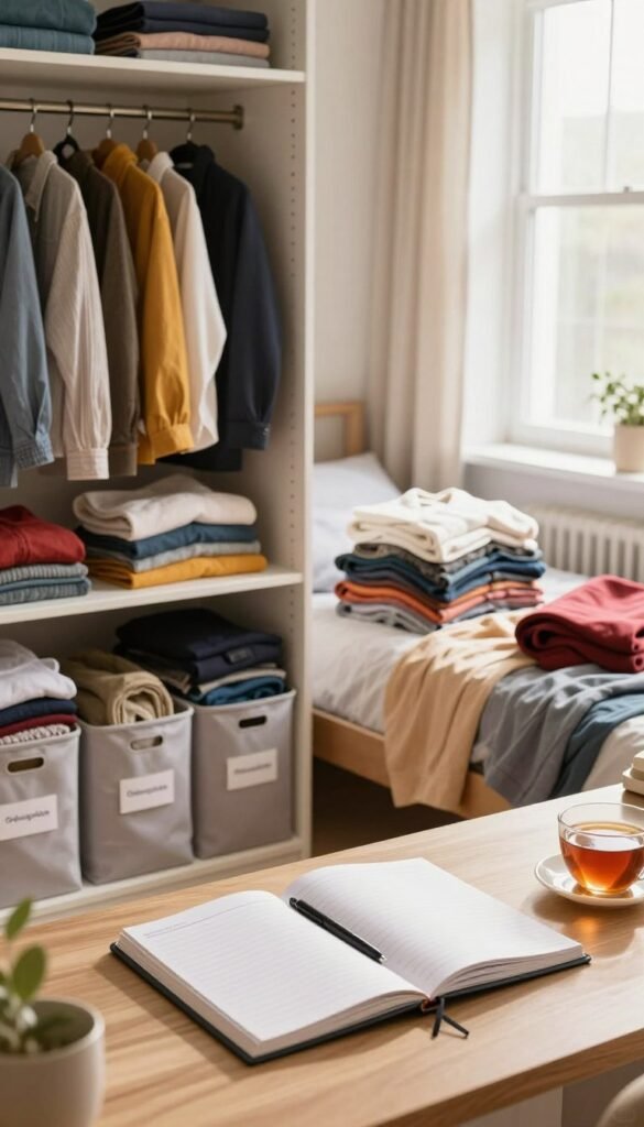 A cozy, well-organized bedroom featuring an open wardrobe with neatly folded clothes and organized storage bins labeled "Ordnungskiste". In the foreground, a gently cluttered desk with a stylish planner and a cup of tea, suggesting a systematic approach to decluttering. The middle ground displays piles of clothing that are color-coordinated, some hanging neatly while others are being sorted. The background showcases soft natural light streaming through a window, casting warm tones across the room, enhancing the inviting, serene atmosphere. The overall mood is calm and focused, reflecting an inviting space where sorting and making decisions about clothing is a pleasant, creative experience.
