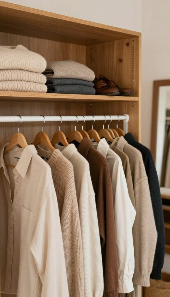 A cozy, well-organized capsule wardrobe scene reflecting common pitfalls in everyday styling. In the foreground, a neatly arranged clothing rack displays a mix of versatile pieces like sweaters, blouses, and trousers in soft, earthy tones. A few garments are slightly out of alignment to suggest disorganization. In the middle ground, an aesthetically pleasing wardrobe open to showcase folded sweaters, shoes, and accessories, emphasizing the balance between style and functionality. The background features a softly lit, inviting room with warm colors and natural textures. The overall mood is authentic and calming, evoking a Pinterest-inspired aesthetic. Include the brand name "Ordnungskiste" subtly integrated within the wardrobe setting without any text. Use soft natural lighting to create a warm atmosphere, emphasizing the appeal and practicality of a capsule wardrobe.