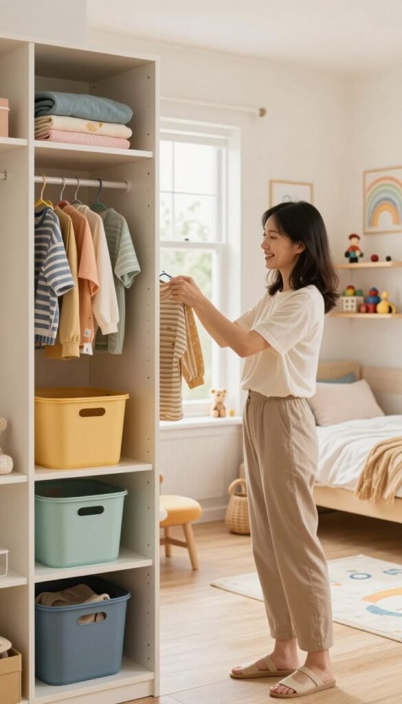 A cozy, well-organized children's wardrobe setting, showcasing a stylish and practical design concept inspired by "Ordnungskiste". In the foreground, a neatly arranged wardrobe reveals colorful baskets and neatly folded clothes, emphasizing organization. The middle ground features a happy parent in modest casual attire, happily sorting children's clothing into the wardrobe. In the background, soft natural light filters through a window, illuminating a warm, inviting room decorated with playful artwork and shelves filled with neatly arranged toys. The overall mood is cheerful and productive, capturing the essence of transforming a cluttered space into a beautifully organized area in just one afternoon. The color palette consists of warm pastels, reflecting a Pinterest-worthy aesthetic, inviting and authentic, with no text or overlays present. A cozy, well-organized children's wardrobe setting, showcasing a stylish and practical design concept inspired by "Ordnungskiste". In the foreground, a neatly arranged wardrobe reveals colorful baskets and neatly folded clothes, emphasizing organization. The middle ground features a happy parent in modest casual attire, happily sorting children's clothing into the wardrobe. In the background, soft natural light filters through a window, illuminating a warm, inviting room decorated with playful artwork and shelves filled with neatly arranged toys. The overall mood is cheerful and productive, capturing the essence of transforming a cluttered space into a beautifully organized area in just one afternoon. The color palette consists of warm pastels, reflecting a Pinterest-worthy aesthetic, inviting and authentic, with no text or overlays present.
