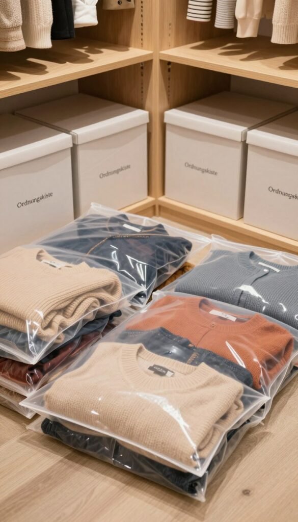 A cozy, well-organized closet during a seasonal change, showcasing vacuum storage bags filled with clothing. In the foreground, focus on transparent vacuum bags neatly stacked, displaying a variety of colorful sweaters and jackets compressed inside. In the middle, include elegant, flat storage boxes labeled "Ordnungskiste," designed for efficient space-saving, arranged symmetrically. The background features a softly lit, inviting closet space, with warm, natural lighting highlighting wooden shelves and a neutral color palette. Use a slight overhead angle to capture the entire scene, evoking a sense of tranquility and stress-free organization. The overall atmosphere should be warm and inviting, embodying a Pinterest aesthetic perfect for seasonal wardrobe transitions. A cozy, well-organized closet during a seasonal change, showcasing vacuum storage bags filled with clothing. In the foreground, focus on transparent vacuum bags neatly stacked, displaying a variety of colorful sweaters and jackets compressed inside. In the middle, include elegant, flat storage boxes labeled "Ordnungskiste," designed for efficient space-saving, arranged symmetrically. The background features a softly lit, inviting closet space, with warm, natural lighting highlighting wooden shelves and a neutral color palette. Use a slight overhead angle to capture the entire scene, evoking a sense of tranquility and stress-free organization. The overall atmosphere should be warm and inviting, embodying a Pinterest aesthetic perfect for seasonal wardrobe transitions.
