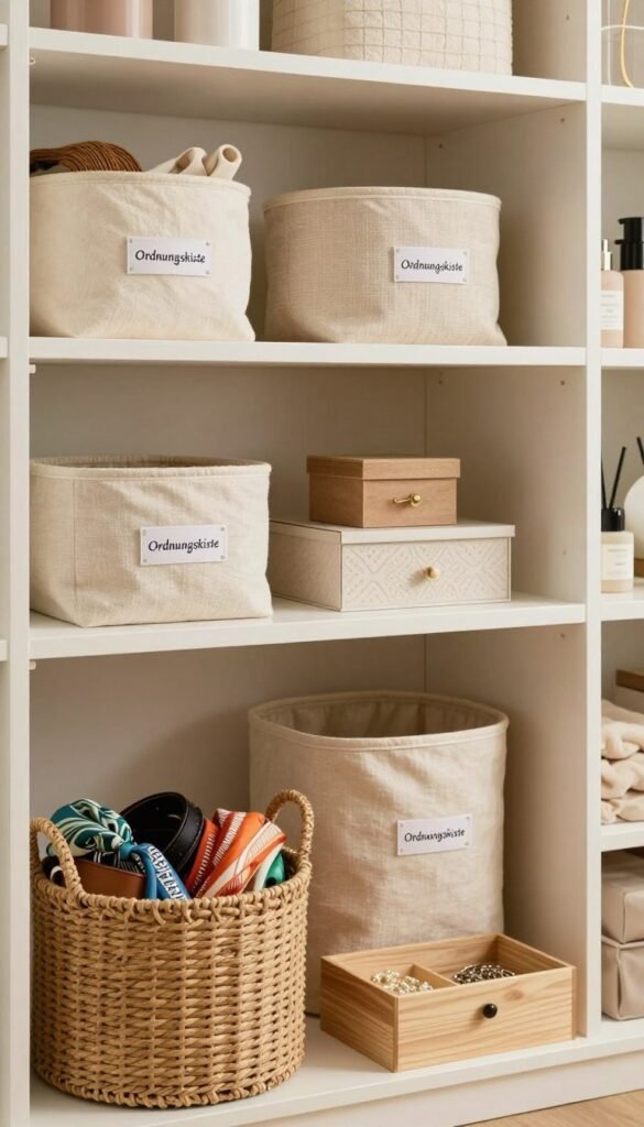 A cozy, well-organized closet featuring various stylish baskets and boxes labeled "Ordnungskiste." In the foreground, a chic woven basket filled with colorful accessories, such as scarves and belts, stands next to a sleek, wooden box containing small jewelry items. In the middle, an elegant arrangement of different storage solutions, including fabric bins and decorative boxes, showcases a blend of neutral and warm tones, enhancing a Pinterest-worthy aesthetic. The background features softly illuminated shelves displaying additional organized items, bathed in gentle, natural light. The ambiance is serene and inviting, evoking a sense of calm and order, ideal for showcasing smart storage solutions in a stylish way. No text or overlays present in the image.