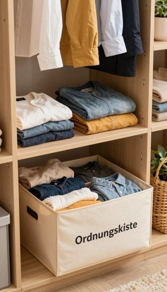 A cozy, well-organized closet scene featuring a beautifully designed storage box labeled "Ordnungskiste". In the foreground, the focus is on the open box showcasing neatly folded clothes, emphasizing its practical use. The middle layer shows a stylish wardrobe with a variety of clothing items, from casual to business attire, all color-coordinated for visual appeal. In the background, soft, warm lighting creates an inviting atmosphere, with natural wood textures and a hint of greenery for a Pinterest-worthy look. The angle is slightly elevated, allowing a clear view of the organized space, while maintaining an authentic, clutter-free environment that highlights various price levels of storage solutions. A cozy, well-organized closet scene featuring a beautifully designed storage box labeled "Ordnungskiste". In the foreground, the focus is on the open box showcasing neatly folded clothes, emphasizing its practical use. The middle layer shows a stylish wardrobe with a variety of clothing items, from casual to business attire, all color-coordinated for visual appeal. In the background, soft, warm lighting creates an inviting atmosphere, with natural wood textures and a hint of greenery for a Pinterest-worthy look. The angle is slightly elevated, allowing a clear view of the organized space, while maintaining an authentic, clutter-free environment that highlights various price levels of storage solutions.