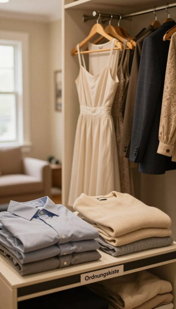 A cozy, well-organized closet showcasing various clothing pieces stored correctly; in the foreground, neatly folded shirts and sweaters laid on a stylish shelf labeled "Ordnungskiste", emphasizing optimal folding techniques. In the middle, a couple of dresses and suits elegantly hung on high-quality wooden hangers, demonstrating the ideal storage for different materials and cuts. The background features a softly lit room with warm-toned walls, a comfortable chair, and natural light filtering through a window, creating an inviting atmosphere. Capture a lifestyle aesthetic reminiscent of Pinterest, highlighting the importance of proper clothing storage methods without any text or distractions. Use a slightly angled lens for depth and ensure the lighting is soft and warm, enhancing the authentic feel of the scene.