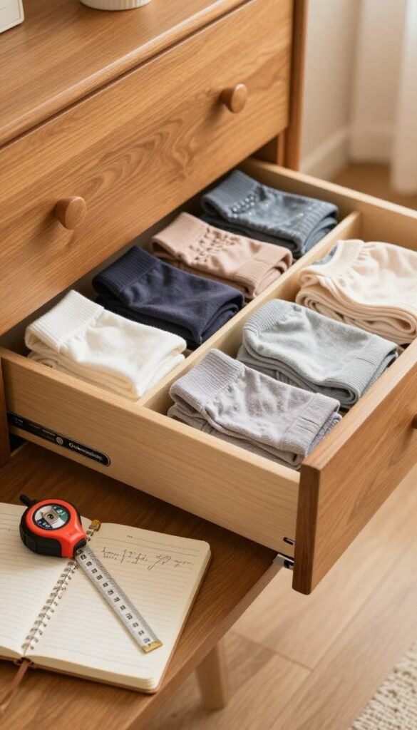 A cozy, well-organized drawer scene showcasing the process of measuring for a drawer organizer designed for underwear and socks. In the foreground, a measuring tape and a notebook with careful measurements are placed beside a stylish and functional drawer organizer labeled "Ordnungskiste." In the middle, an open drawer reveals neatly folded socks and underwear, organized and color-coordinated. The background should feature a soft, warm-brown wooden dresser and a gentle ambient light illuminating the space, creating a homey atmosphere. The scene captures a perfect blend of practicality and aesthetics, emphasizing the meticulous planning involved in optimizing drawer space for personal items. The overall mood is inviting and organized, resembling visually appealing Pinterest inspirations.