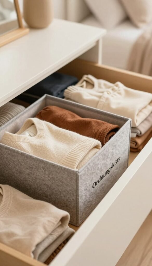 A cozy, well-organized dresser drawer featuring a stylish fabric and felt box, branded with &ldquo;Ordnungskiste&rdquo;. The box is filled with neatly folded clothes in warm, inviting colors, emphasizing a sense of harmony and order. In the foreground, the box sits prominently, showcasing its texture and softness. In the middle ground, the interior of the drawer is visible, highlighting how the box complements the surrounding space and other storage elements. The background shows a softly blurred bedroom environment with warm lighting, creating an inviting and serene atmosphere. The image captures the aesthetic of a Pinterest board, focusing on natural light that highlights the fabrics and colors elegantly. The overall mood is one of organization, comfort, and style, without any text or distractions.