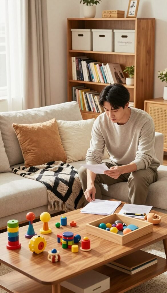 A cozy, well-organized family living room bathed in warm, natural lighting, featuring a comfortable couch adorned with soft cushions and a stylish throw blanket. In the foreground, a beautifully arranged wooden coffee table holds a colorful assortment of children's toys, neatly organized. In the middle, a parent, dressed in smart casual attire, is peacefully sorting through paperwork, emphasizing the theme of organization amidst family life. The background showcases a bookshelf filled with family-focused books and decorative storage boxes labeled "Ordnungskiste," symbolizing order and structure. Overall, the atmosphere is inviting and harmonious, portraying a sense of calm amidst potential chaos, ideal for illustrating how effective organization can help families thrive.