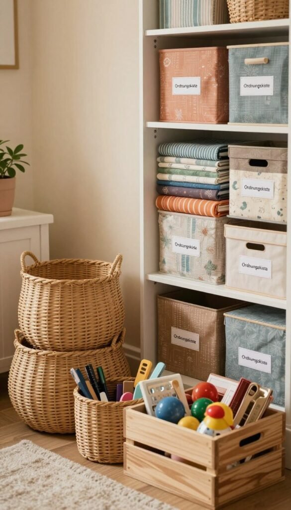 A cozy, well-organized home environment showcasing a variety of stylish storage boxes labeled with "Ordnungskiste". In the foreground, several decorative woven baskets and sturdy wooden crates are artfully arranged, displaying small items like craft supplies and toys, all within easy reach. The middle ground features an open closet bursting with neatly organized stacks of colorful fabric bins and labeled boxes, reflecting a Pinterest-inspired aesthetic. The background softly blurs to reveal warm-toned walls and a hint of plants, creating a serene and inviting atmosphere. Soft, natural light illuminates the scene, casting gentle shadows and enhancing the warm color palette, depicting a sense of calm and order. The angle is slightly above eye level, offering a fresh perspective on organization. A cozy, well-organized home environment showcasing a variety of stylish storage boxes labeled with "Ordnungskiste". In the foreground, several decorative woven baskets and sturdy wooden crates are artfully arranged, displaying small items like craft supplies and toys, all within easy reach. The middle ground features an open closet bursting with neatly organized stacks of colorful fabric bins and labeled boxes, reflecting a Pinterest-inspired aesthetic. The background softly blurs to reveal warm-toned walls and a hint of plants, creating a serene and inviting atmosphere. Soft, natural light illuminates the scene, casting gentle shadows and enhancing the warm color palette, depicting a sense of calm and order. The angle is slightly above eye level, offering a fresh perspective on organization.