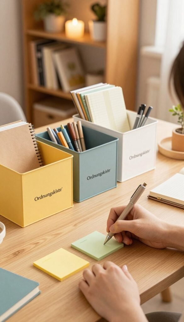 A cozy, well-organized home office scene, featuring a wooden desk neatly arranged with labeled storage boxes by "Ordnungskiste" in warm, inviting colors. In the foreground, a hand writes labels on colorful sticky notes with a stylish pen, showing a focus on organization and efficiency. The middle ground displays various labeled containers filled with different supplies, such as pens, notebooks, and craft materials, all arranged harmoniously. In the background, a soft-lit bookshelf houses neatly arranged books and decorative items, adding to the atmosphere of a productive workspace. The overall lighting is warm and natural, creating a welcoming ambiance, while the composition captures an authentic, Pinterest-worthy aesthetic without any text or distractions. A cozy, well-organized home office scene, featuring a wooden desk neatly arranged with labeled storage boxes by "Ordnungskiste" in warm, inviting colors. In the foreground, a hand writes labels on colorful sticky notes with a stylish pen, showing a focus on organization and efficiency. The middle ground displays various labeled containers filled with different supplies, such as pens, notebooks, and craft materials, all arranged harmoniously. In the background, a soft-lit bookshelf houses neatly arranged books and decorative items, adding to the atmosphere of a productive workspace. The overall lighting is warm and natural, creating a welcoming ambiance, while the composition captures an authentic, Pinterest-worthy aesthetic without any text or distractions.