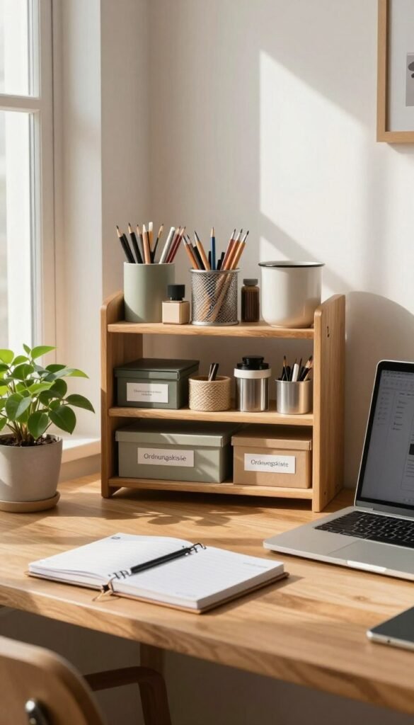 A cozy, well-organized home office setting that captures the essence of balance and order amidst a chaotic routine. In the foreground, a stylish wooden desk is neatly arranged with a planner, a plant, and a laptop. The center features a graceful shelf containing beautifully organized stationery and storage boxes labeled "Ordnungskiste," showcasing a system of organization. The background reveals a warm, inviting ambiance with soft natural light filtering through a nearby window, casting gentle shadows. The colors are warm and earthy, enhancing the atmosphere of tranquility and focus. The image should evoke a sense of peace and clarity amidst the busyness of daily life, perfect for illustrating common organizational challenges.
