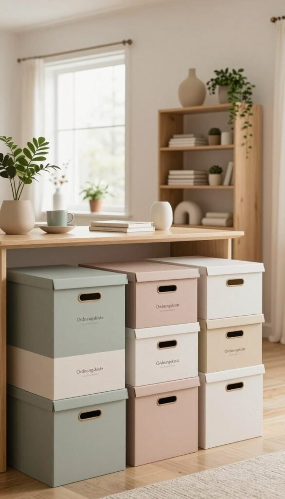 A cozy, well-organized home self-storage area designed to promote minimalism. In the foreground, a neatly stacked assortment of stylish storage boxes labeled "Ordnungskiste" in elegant typography, showcasing a color palette of soft neutrals and pastels. The middle layer features an open shelving unit displaying various decorative items&mdash;plants, books, and minimalistic accessories&mdash;harmoniously arranged. In the background, a bright window allows warm, natural light to flood the space, creating a peaceful atmosphere. The room has a modern aesthetic, with soothing colors and clean lines, evoking a sense of order and tranquility. The angle captures the depth of the space, inviting viewers to envision a clutter-free lifestyle, embodying the essence of minimalism.