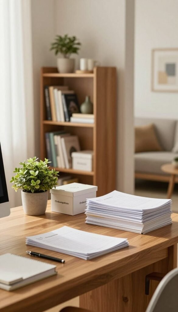 A cozy, well-organized home workspace showcasing efficient storage solutions. In the foreground, a wooden desk neatly arranged with neatly stacked documents, a couple of decorative boxes labeled "Ordnungskiste," and an inspiring plant. The middle ground features a stylish bookshelf displaying a mix of books and decorative items, emphasizing a decluttered aesthetic. In the background, a softly lit room with warm, natural light filtering through sheer curtains and a glimpse of an inviting living area that reflects a Pinterest-inspired decor style. The atmosphere is calm and productive, promoting the idea of tidiness and organization without overwhelming the viewer. The composition focuses on the harmony of simplicity and functionality, excluding any text or distractions.
