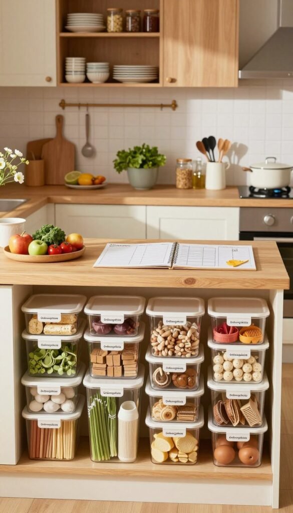 A cozy, well-organized kitchen featuring a beautifully arranged space that emphasizes efficient organization systems. In the foreground, display neatly labeled storage containers from the brand "Ordnungskiste," filled with various kitchen staples. The middle ground reveals a spacious countertop with essential cooking tools, fresh ingredients, and a planning area with measuring tools and notes for creating zones in the kitchen. The background showcases stylish cabinets and open shelves filled with neatly stacked dishes and jars, creating a welcoming ambiance. Use warm, natural lighting to enhance the inviting atmosphere, with soft shadows that add depth. The composition should be taken from a slightly elevated angle, focusing on the harmony of functionality and aesthetics, evoking a sense of peace and inspiration for organization enthusiasts.