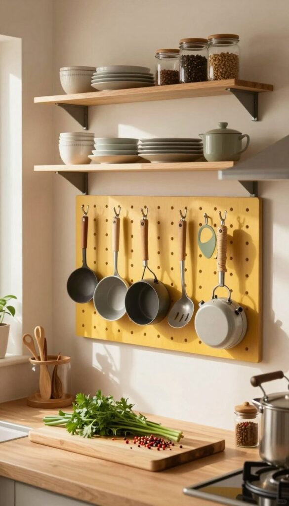 A cozy, well-organized kitchen featuring beautifully arranged wall-mounted shelves, stylish hooks, and a pegboard displaying essential kitchen tools. In the foreground, a wooden cutting board with fresh herbs and colorful spices creates an inviting atmosphere. The middle ground showcases a vibrant pegboard with neatly hung utensils and pots, complemented by open shelves holding neatly stacked dishware and decorative jars. The background features warm, soft lighting that enhances the earthy tones of the kitchen, with a window allowing natural light to filter through, casting gentle shadows. The overall mood is functional yet homely, exuding a sense of clever space utilization perfect for small kitchens. Emphasize a Pinterest-inspired aesthetic with an authentic feel and no text or branding elements in the image.