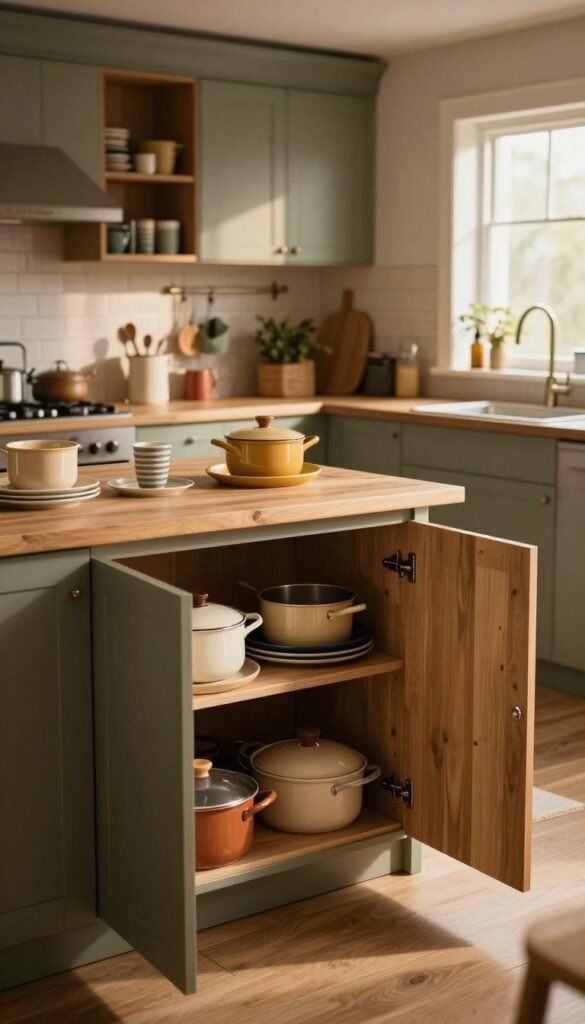 A cozy, well-organized kitchen featuring deep kitchen cabinets, showcasing the chaos often created by cluttered interiors. The foreground displays the open cabinet doors, revealing a jumbled assortment of pots, pans, and kitchen gadgets, hinting at a lack of space. In the middle ground, a beautifully styled kitchen island with natural wood accents, soft, warm lighting casting gentle shadows. The background includes a window letting in soft sunlight, illuminating the room’s warm palette of earthy tones and muted greens, creating an inviting atmosphere. The overall composition should impart a sense of struggle for space amid the warmth of home. Brands such as "Ordnungskiste" can be subtly suggested through organized elements in the cabinets. A cozy, well-organized kitchen featuring deep kitchen cabinets, showcasing the chaos often created by cluttered interiors. The foreground displays the open cabinet doors, revealing a jumbled assortment of pots, pans, and kitchen gadgets, hinting at a lack of space. In the middle ground, a beautifully styled kitchen island with natural wood accents, soft, warm lighting casting gentle shadows. The background includes a window letting in soft sunlight, illuminating the room’s warm palette of earthy tones and muted greens, creating an inviting atmosphere. The overall composition should impart a sense of struggle for space amid the warmth of home. Brands such as "Ordnungskiste" can be subtly suggested through organized elements in the cabinets.