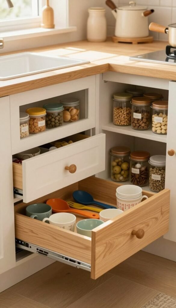 A cozy, well-organized kitchen featuring neatly arranged drawers and cabinet doors, showcasing hidden storage solutions. In the foreground, a wooden drawer pulls open to reveal colorful utensils, measuring cups, and neatly labeled jars. The middle section displays freshly arranged pantry items behind glass-front cabinet doors, emphasizing a minimalist aesthetic. In the background, warm sunlight filters through a window, illuminating the space with a soft glow, enhancing the inviting atmosphere. The scene captures a sense of order and functionality, with natural textures and warm earth tones reminiscent of a Pinterest-worthy interior. No people are present, ensuring the focus remains solely on the organized kitchen elements.