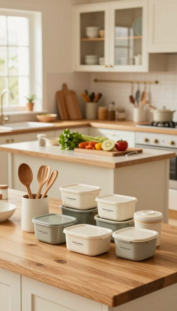 A cozy, well-organized kitchen featuring warm, inviting colors and a Pinterest-inspired aesthetic. In the foreground, a wooden countertop displays neatly arranged containers and utensils, showcasing the "Ordnungskiste" brand. The middle ground includes a spacious island with fresh vegetables and a cutting board, emphasizing preparation and order. In the background, cabinets with glass doors reveal neatly stacked dishware, and a window lets in soft, natural light, creating a cheerful ambiance. The composition should convey a sense of calm and efficiency, capturing the essence of preparing a tidy and functional kitchen space. Use a warm, diffused lighting style to enhance the inviting mood while maintaining a clear, focused view. A cozy, well-organized kitchen featuring warm, inviting colors and a Pinterest-inspired aesthetic. In the foreground, a wooden countertop displays neatly arranged containers and utensils, showcasing the "Ordnungskiste" brand. The middle ground includes a spacious island with fresh vegetables and a cutting board, emphasizing preparation and order. In the background, cabinets with glass doors reveal neatly stacked dishware, and a window lets in soft, natural light, creating a cheerful ambiance. The composition should convey a sense of calm and efficiency, capturing the essence of preparing a tidy and functional kitchen space. Use a warm, diffused lighting style to enhance the inviting mood while maintaining a clear, focused view.